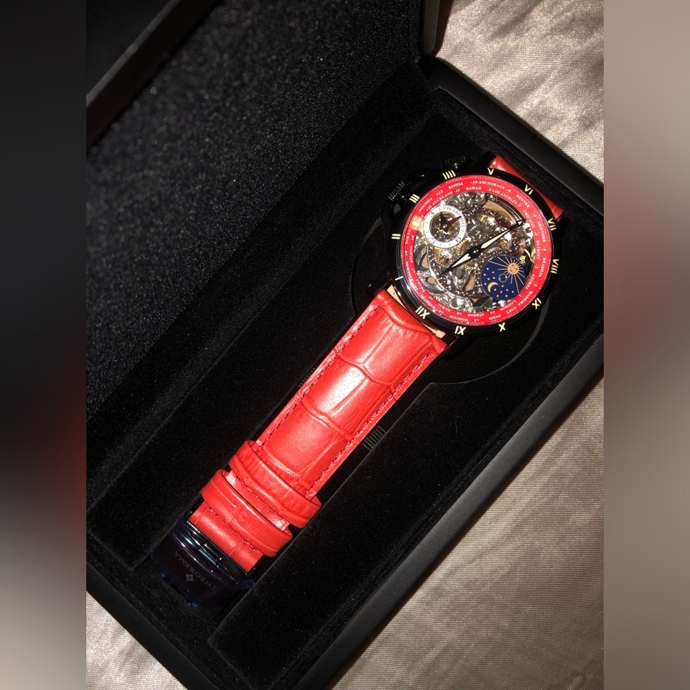 Tufina Red Skeleton Dial Men's Watch with Sun & Moon Indicator